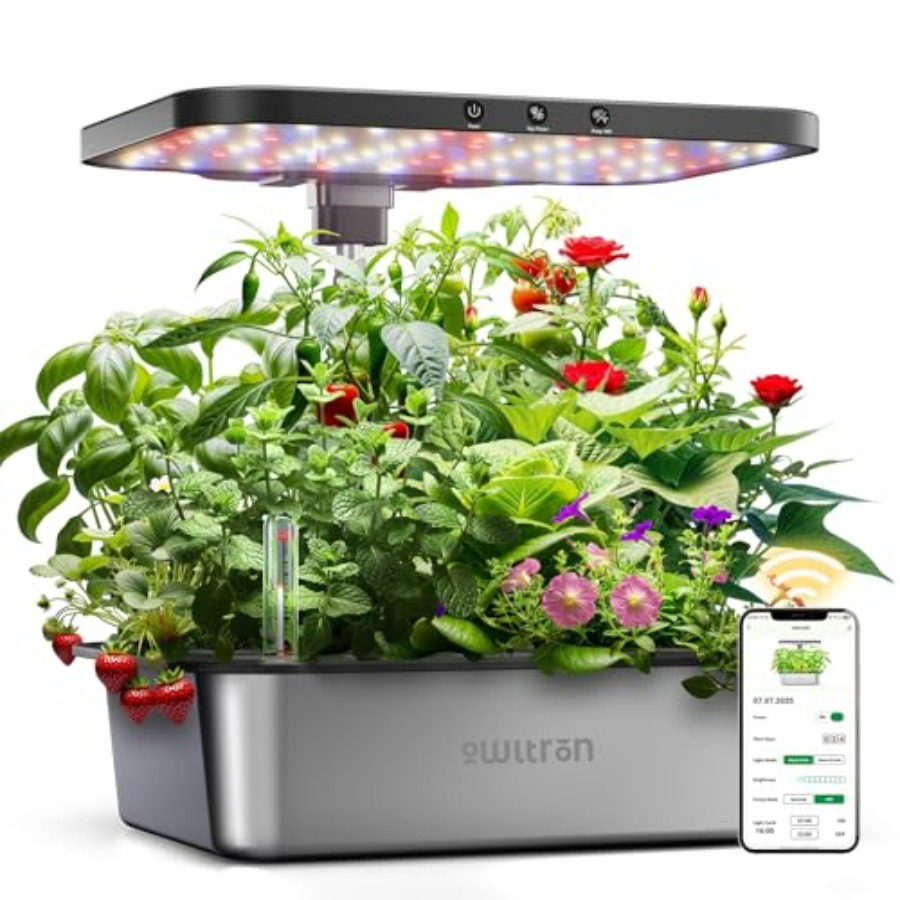 Indoor Herb Garden Kit - 室内ハーブガーデンキット（15ポッド）、ダークシルバー水耕栽培システム、36W LED育成ライト、アプリ制御、静音ポンプ、最大30インチの植え付け可能