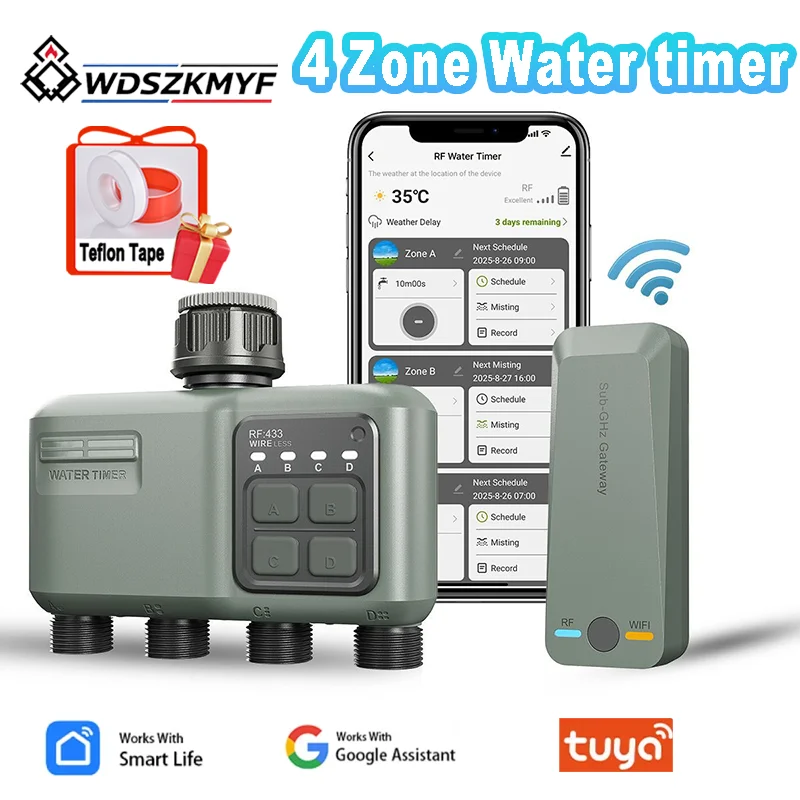 Smart Garden Iot - 植物自動給水システム WiFiスマートタイマー RF433 4口自動灌漑装置 防水ガーデン散水コントローラー