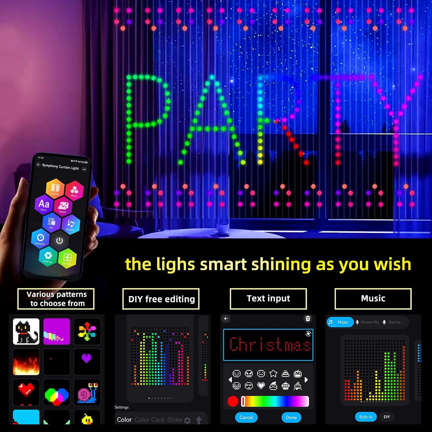 App Smart Garden - スマートLEDカーテンライト DIYポイントコントロール フェアリーストリングライト アプリリモコン 寝室、庭、窓、パーティー装飾、背景用