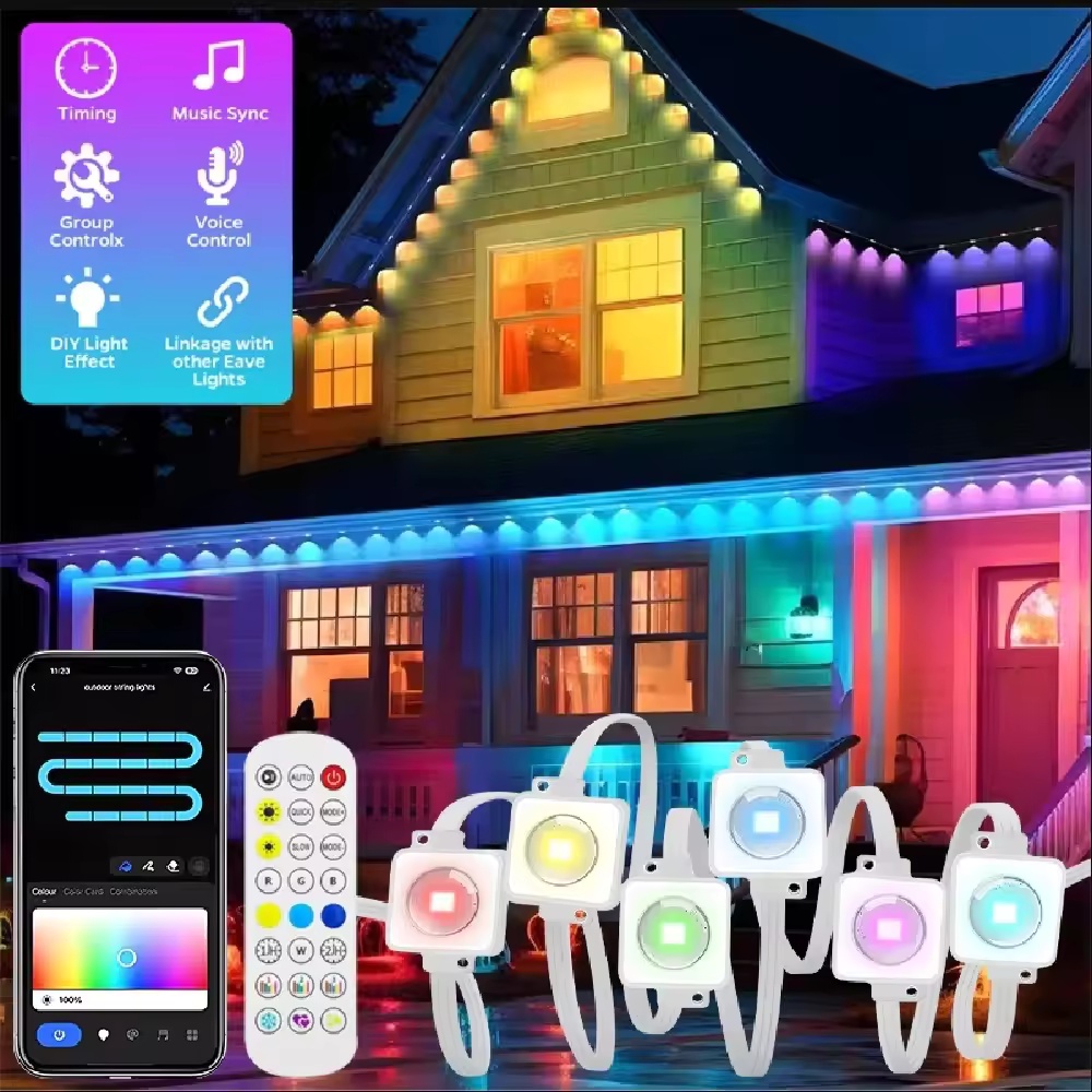 App Smart Garden - 15M/30M/45M/60M/90M RGBICスマート屋根裏ライト、アプリ/リモコン付き、IP67防水、屋外ストリングライト、住宅屋根、庭園照明