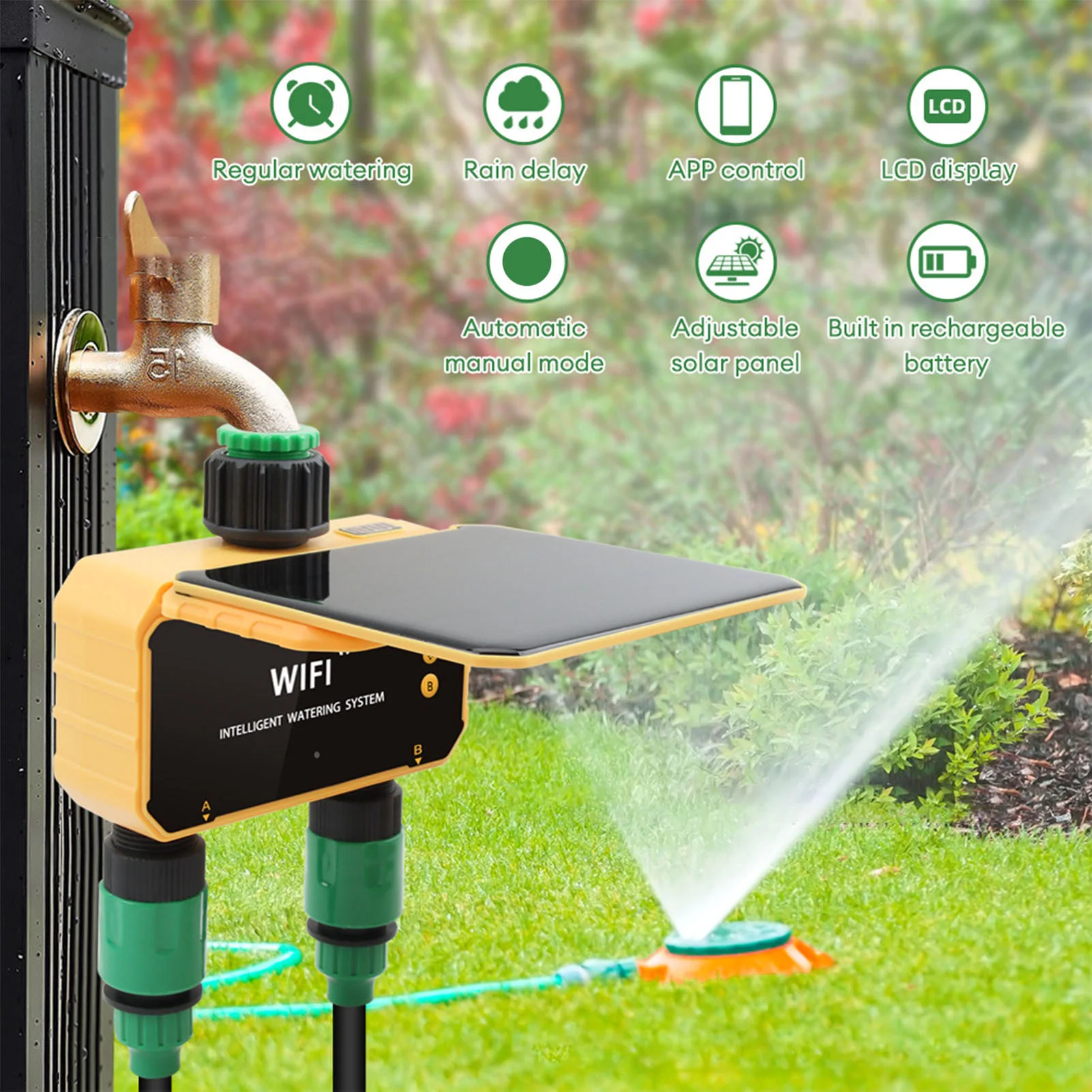 App Smart Garden - ソーラーWiFiスマート灌漑タイマー雨感知機能APP制御2口自動散水タイマー庭用スプリンクラー