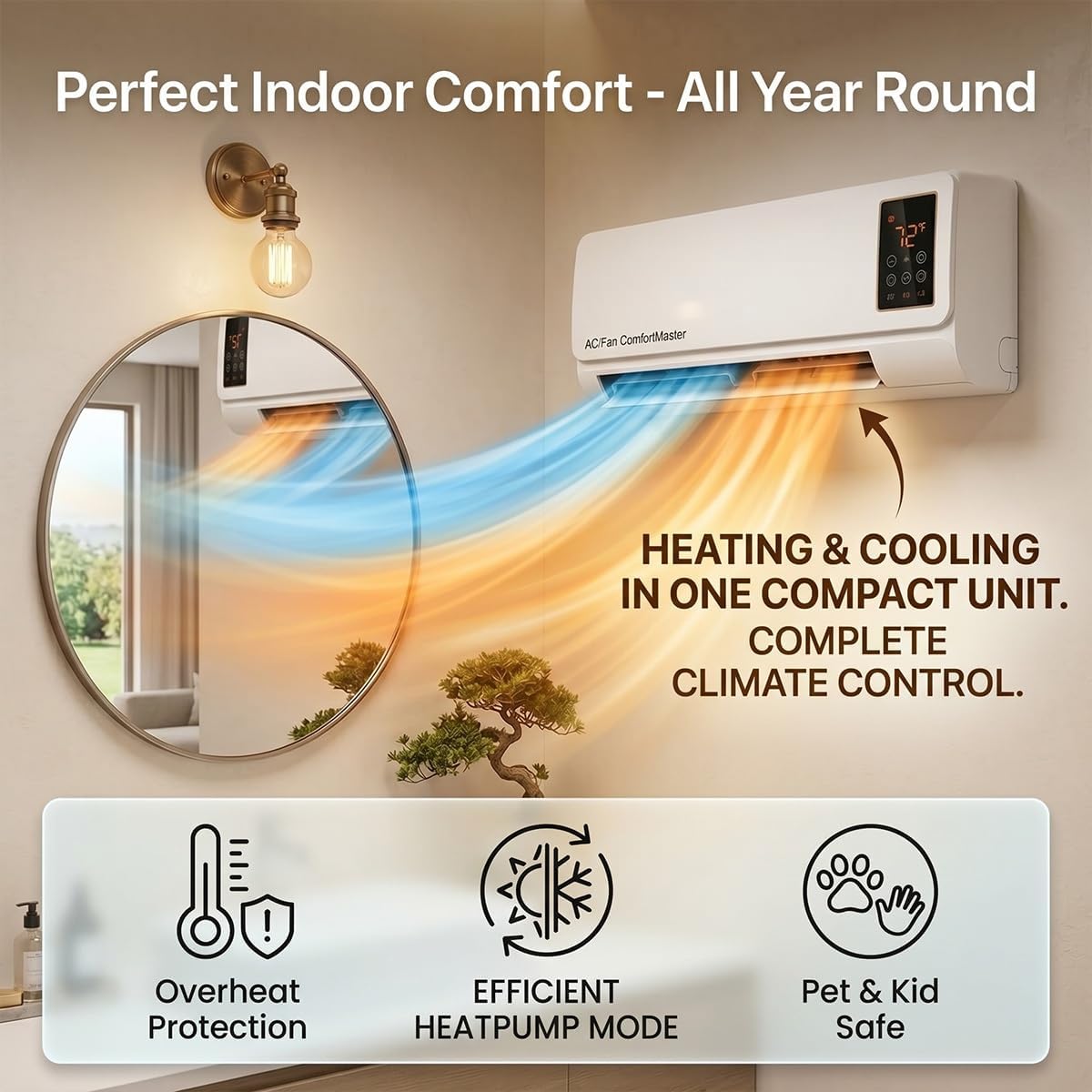 Smart Garden Rooms - 1800W 壁掛けエアコンファン＆ヒーターコンボ、ポータブルダクトレス壁掛けエアコンユニット2-in-1、タイマー付き静音スマートルームヒーター、オフィスやベビールームに窓不要（ホワイト）
